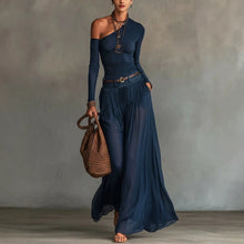 Load image into Gallery viewer, Asymmetrical Shoulder Long Sleeve Dress Set – Belted A-Line Maxi Dress