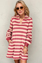 Load image into Gallery viewer, Deep Rose Full Size Striped Contrast Collared Neck Long Sleeve Dress Modern & Stylish Women’s Wear