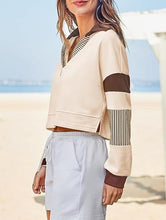 Load image into Gallery viewer, Color‑Block Cropped Polo V‑Neck Sweatshirt
