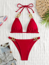 Load image into Gallery viewer, Luxe Chain Link Triangle Halter Bikini Set – Chic V Neck 2 Piece Swimsuit with Lace-Up Tie Back High Stretch Nylon Blend and Sleek Solid Color Finish – Women's Elegant Swimwear for Summer Beach & Pool Style