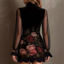 Load image into Gallery viewer, Women's Lace Trim Printed Tulle Bodycon Mini Dress with Bubble Sleeves