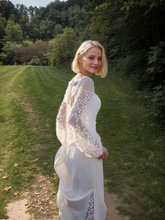 Load image into Gallery viewer, Minimalist Square Neck Wedding Dress with Sheer Embroidered Sleeves โ Modern Bridal Elegance