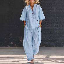 Load image into Gallery viewer, V-Neck Short Sleeve Top & High-Waist Trousers Two-Piece Set