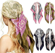 Load image into Gallery viewer, 4-Pack 35” Satin Square Head Scarves – Silk-Feel Neck & Hair Wraps for Women – Lightweight, Versatile & Stylish for Day and Night Use