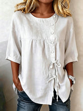 Load image into Gallery viewer, Women's Lace-Up Button Shirt – 3/4 Sleeve Asymmetric
