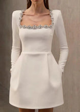 Load image into Gallery viewer, Elegant Square Neck Long-Sleeved Dress With Flowers Rhinestone Design