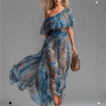 Load image into Gallery viewer, Women's Leopard Print Asymmetrical Shoulder Maxi Dress | Ruffle Waist-Cinching Boho Dress
