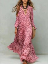 Load image into Gallery viewer, Women's Leopard Print Chiffon Deep V-Neck Flared Maxi Dress | Three-Quarter Sleeve Beach Vacation Dress
