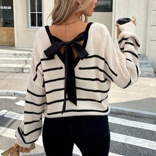 Load image into Gallery viewer, Women’s Striped V-Neck Sweater with Back Bow