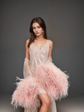 Load image into Gallery viewer, Ostrich Feather sequin mesh long robe dress with nightgown pink ivory-next day shipping