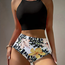 Load image into Gallery viewer, Island Bloom High Waist Bikini Set for Summer – Colorblock Tropical Print Two-Piece Swimsuit with Round Neckline Ultra-Stretch Fit & Applique Detail – Stylish and Comfortable Women’s Swimwear for Pool Beach & Summer Escapes