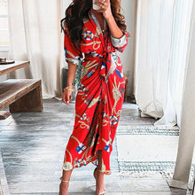 Load image into Gallery viewer, Mandotos European And American Print Long Sleeve Laceup Button Front Shirt Dress