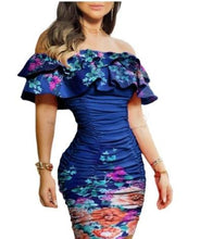 Load image into Gallery viewer, Women Black Off Shoulder Ruched Layered Ruffles Bodycon Dress