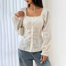 Load image into Gallery viewer, Women’s Square Neck Eyelet Lace Blouse – Puff Sleeve Hollow-Out Button Top