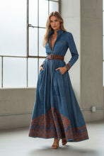 Load image into Gallery viewer, Color-Blocked Floral Patterned Stand Collar Long Dress