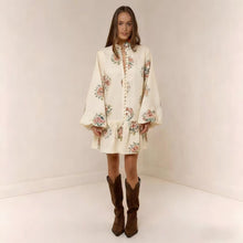 Load image into Gallery viewer, Digital Print Lantern Sleeve Linen Midi Dress – Loose Fit Pullover