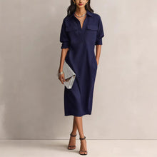 Load image into Gallery viewer, Women's Solid Color Pleated A-Line Midi Dress | Elegant Office Casual Shirt Collar Dress