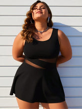 Load image into Gallery viewer, Women's Plus Size Swimdress — Black Mesh Cutout Waist & Flared Skirt