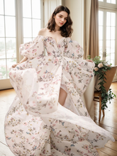 Load image into Gallery viewer, Avera - Sexy floral printed butterfly pattern front-slit bishop sleeves off-the-shoulder Satin Wedding Dress Gown