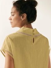 Load image into Gallery viewer, 100% Linen Gingham Checked Cutout Turtleneck Top CAROL