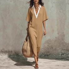 Load image into Gallery viewer, Women's V-Neck Loose Cropped-Sleeve Linen Midi Dress with Pockets