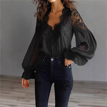 Load image into Gallery viewer, Lace-Panel Puff Sleeve Pleated Ruffle Shirt | Ballet Style