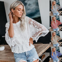 Load image into Gallery viewer, Women’s Lace Trim Top Short Sleeve Batwing Shirt