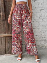 Load image into Gallery viewer, Women's Paisley Print Wide-Leg Pants – Boho Smocked Elastic Waist Tie-Up Flowy Trousers