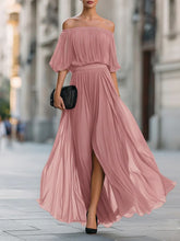 Load image into Gallery viewer, Women's One-Shoulder Ruffle Sleeve Chiffon Maxi Dress | Side Split High Waist Dress in 3 Colors