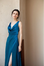 Load image into Gallery viewer, Ethereal Sapphire Blue Satin Backless Evening Gown with Thigh-High Slit