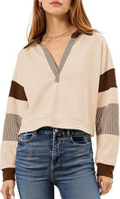Load image into Gallery viewer, Color‑Block Cropped Polo V‑Neck Sweatshirt