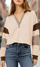 Load image into Gallery viewer, Color‑Block Cropped Polo V‑Neck Sweatshirt
