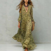 Load image into Gallery viewer, Women's Leopard Print Chiffon Deep V-Neck Flared Maxi Dress | Three-Quarter Sleeve Beach Vacation Dress