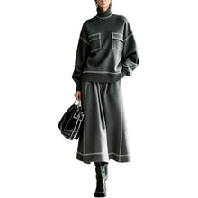 Load image into Gallery viewer, Women's Turtleneck Balloon-Sleeve Knit Top & A-Line Midi Skirt Set with Contrast Topstitching