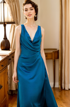 Load image into Gallery viewer, Ethereal Sapphire Blue Satin Backless Evening Gown with Thigh-High Slit