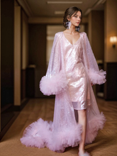 Load image into Gallery viewer, Ruffled tulle fringe hem sequin mesh long robe with sequin nightgown pink ivory