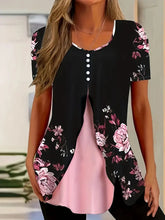 Load image into Gallery viewer, Women’s Printed Faux Two-Piece V-Neck Short Sleeve Top