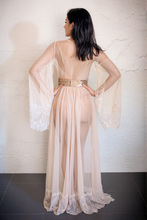 Load image into Gallery viewer, Luxury Champagne Sheer Tulle & Satin Robe Dress with Lace Bell Sleeves