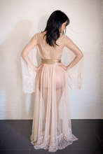 Load image into Gallery viewer, Luxury Champagne Sheer Tulle & Satin Robe Dress with Lace Bell Sleeves