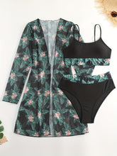 Load image into Gallery viewer, Bikini 3 Piece Tropical Print Swimsuit Set – High Stretch Comfortable Women's Bikini with Crew Neck Mesh Cover-Up – Chic Vacation Beachwear for Summer Casual Style & Poolside Glamour