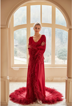 Load image into Gallery viewer, Luxury Thick Ostrich Feather Floor-Length Satin Robe with Train โ Elegant Bridal Loungewear