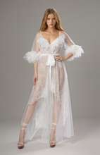 Load image into Gallery viewer, Luxury White Turkey Feather Lace Sheer Robe Dress Set | Bridal Getting Ready Gown