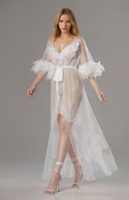 Load image into Gallery viewer, Luxury White Turkey Feather Lace Sheer Robe Dress Set | Bridal Getting Ready Gown
