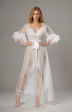 Load image into Gallery viewer, Luxury White Turkey Feather Lace Sheer Robe Dress Set | Bridal Getting Ready Gown