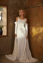 Load image into Gallery viewer, Minimalist Off-Shoulder Satin Wedding Gown with Detachable Sleeves and Elegant Train