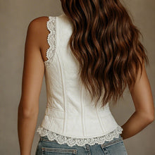 Load image into Gallery viewer, Lace Trim Button-Down Crop Tank Vest Women