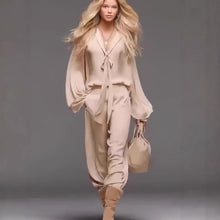 Load image into Gallery viewer, French-Style Long Sleeve Top & Pants Set – Chic Patchwork Two-Piece