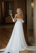 Load image into Gallery viewer, Goddess off-the-shoulder Simple Satin Wedding Dress small train with Tulle Ribbon