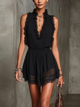 Load image into Gallery viewer, Lace Spliced V-Neck Mini Dress – Sleeveless High-Waist Ruffle Dress for Women