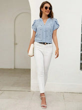 Load image into Gallery viewer, Women's V-Neck Heart Print Blouse – Petal Sleeve Pleated Front Elegant Top